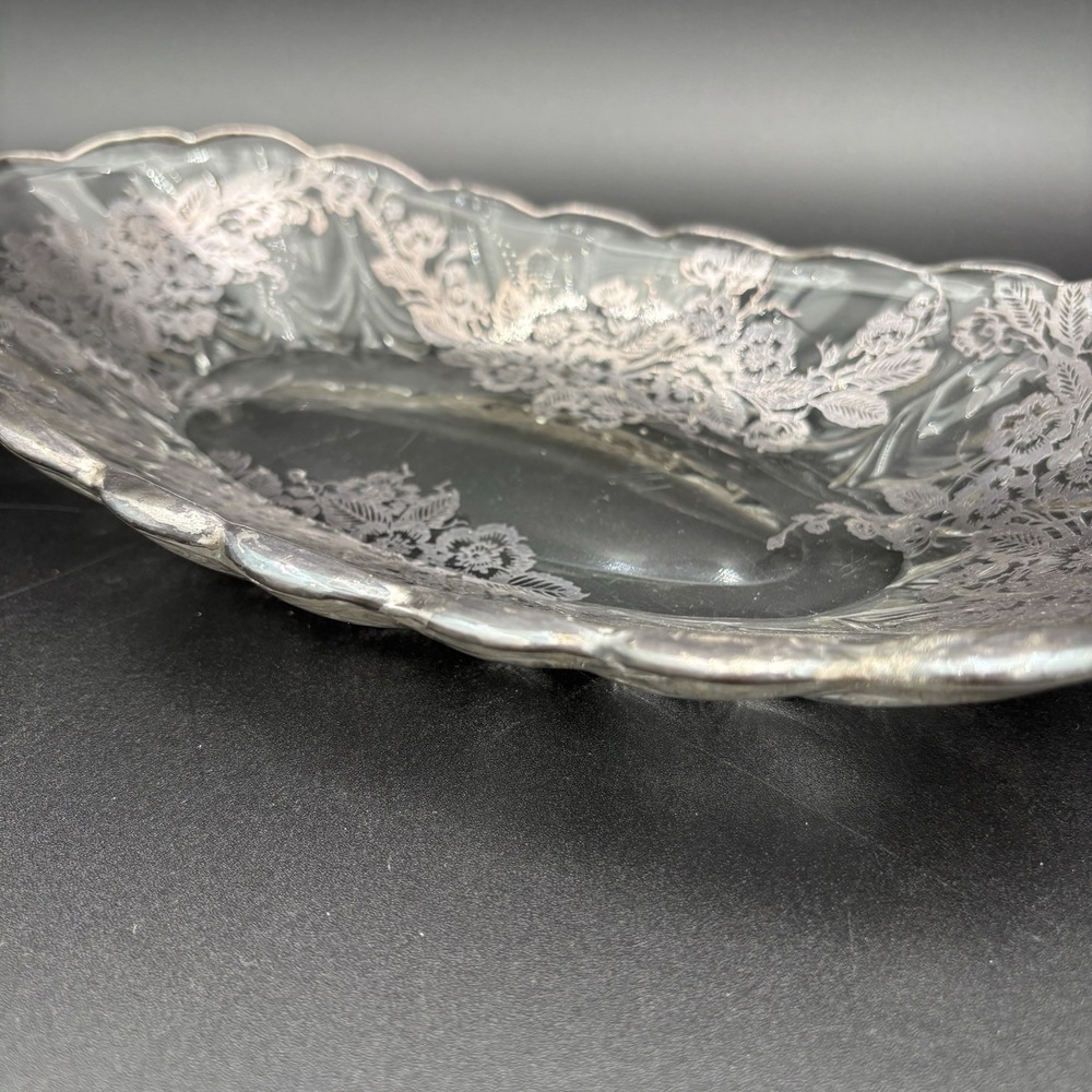Set Silver City Glass Flanders Poppy Divided Relish & 11" Oval Dish Silver Leaf - Picture 4 of 14